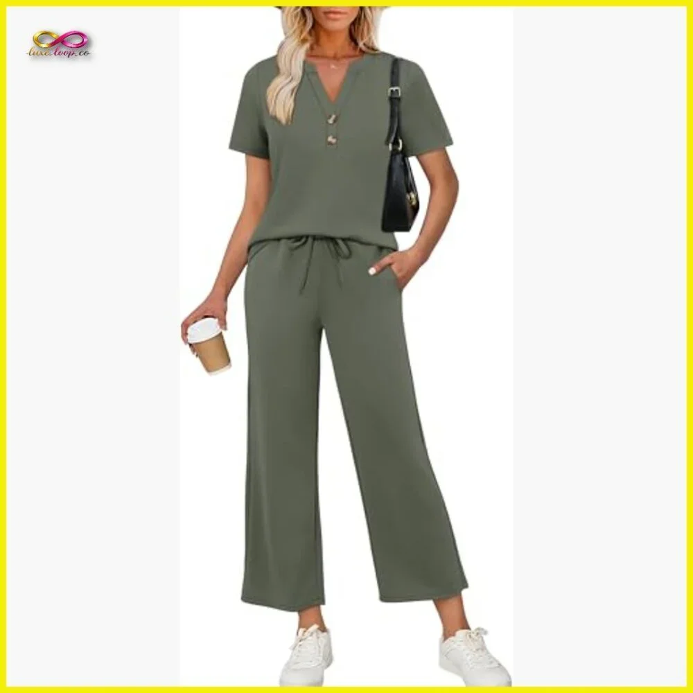 Two Piece Matching Set Wide Leg Crop Pants V Neck Top Resort Wear